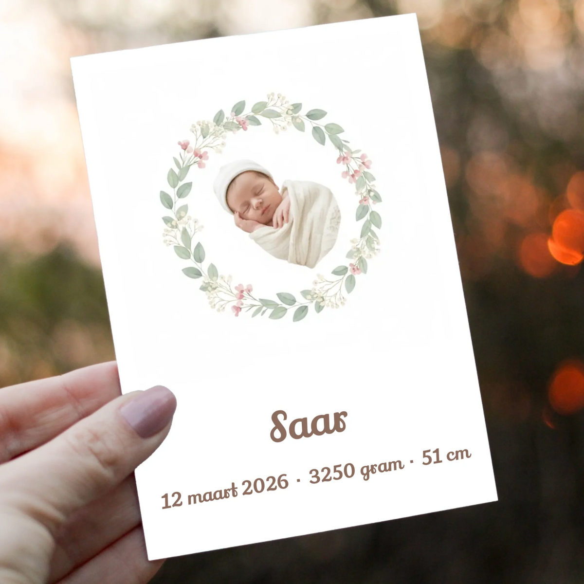 Geboortekaartje Bloemenkrans - Jouw Babyfoto in een Krans van Wilde Bloemen