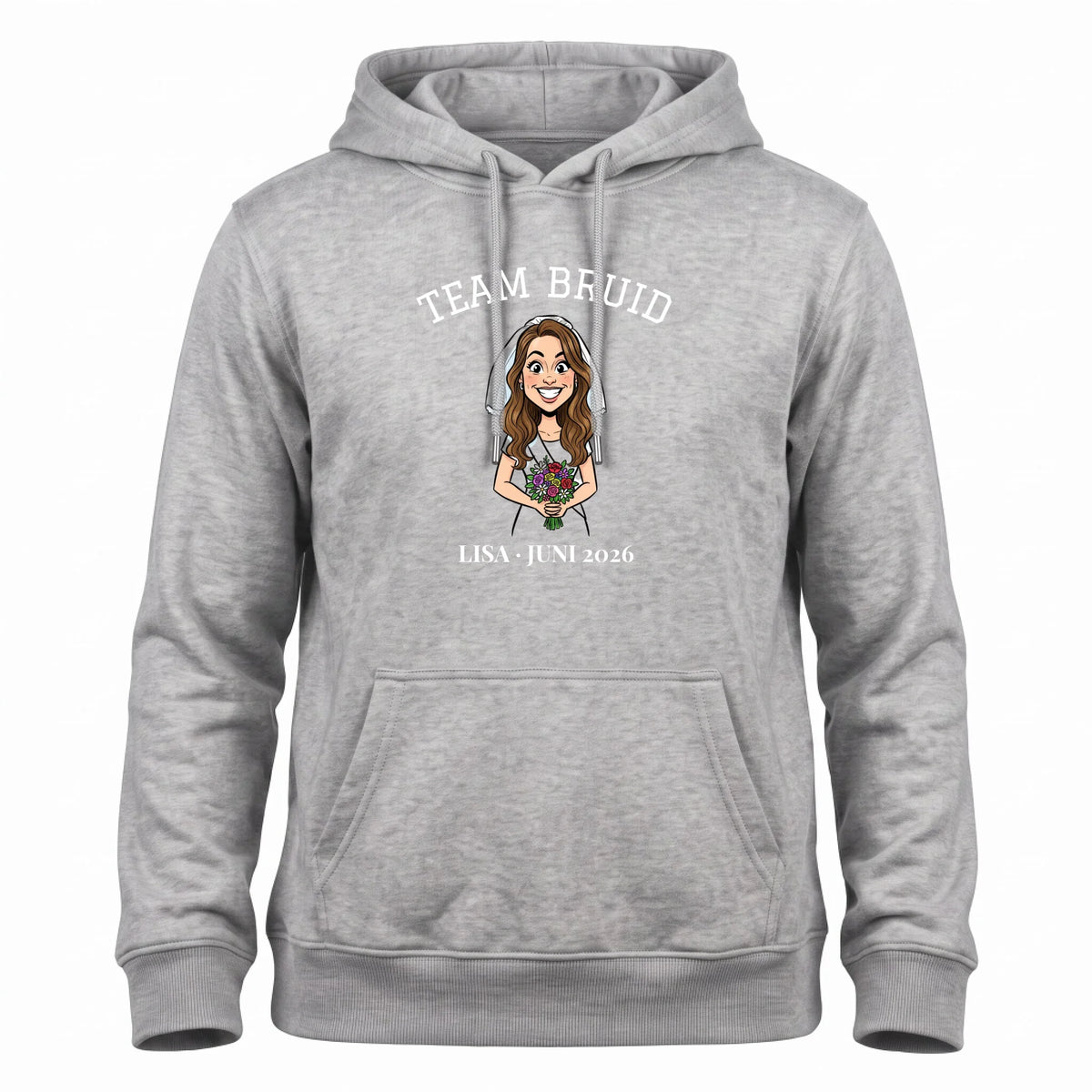 Vrijgezellen Hoodie - Karikatuur van de Bruid of Bruidegom met Eigen Tekst