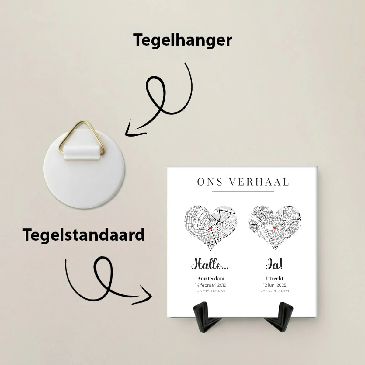 Ons Verhaal Tegel - 2 Plattegronden in Hartvorm met Datum en Plaats