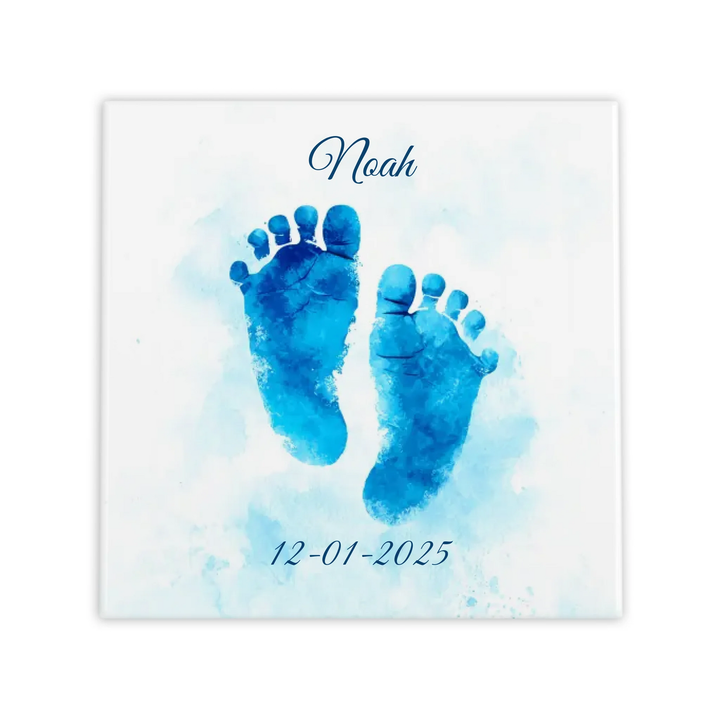 Blauwe baby voetjes gepersonaliseerd met naam en datum
