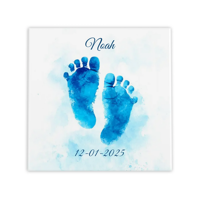 Blauwe baby voetjes gepersonaliseerd met naam en datum