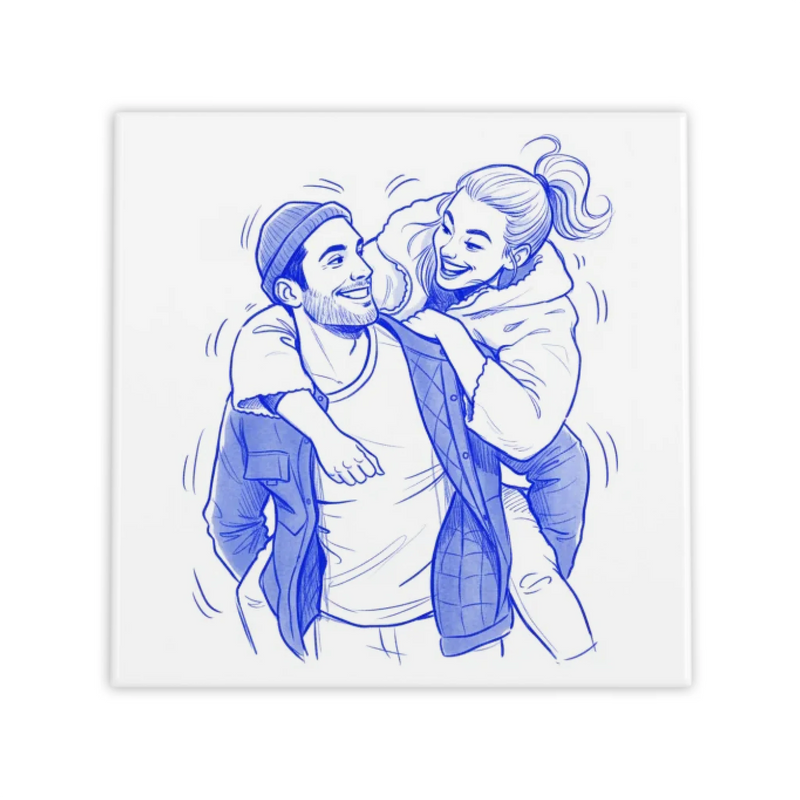 Speelse Blauwe Lijntekening op een tegeltje