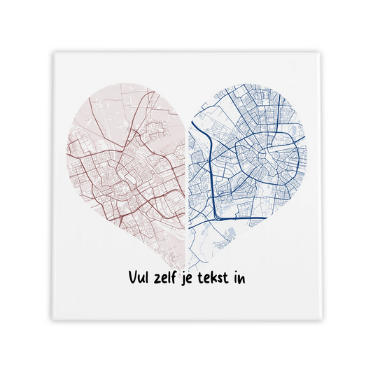 Twee Steden Hart Tegel – Personaliseerbare Love Map Plattegrond