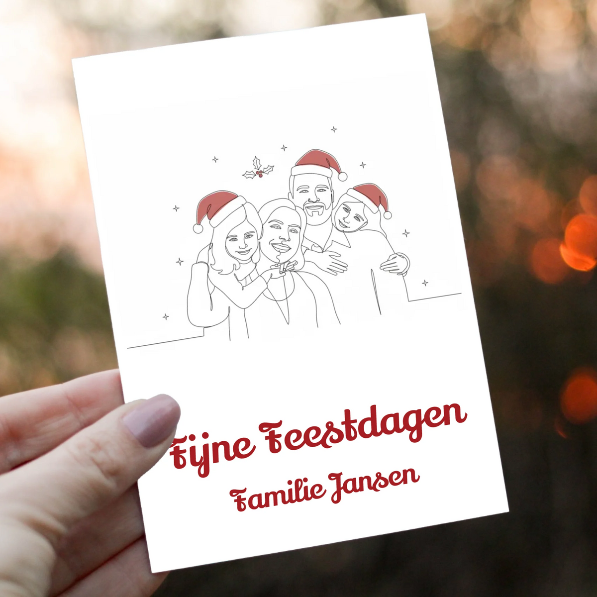 Kerstkaart Lijntekening - Jouw Foto als Line Art met Kerstmuts