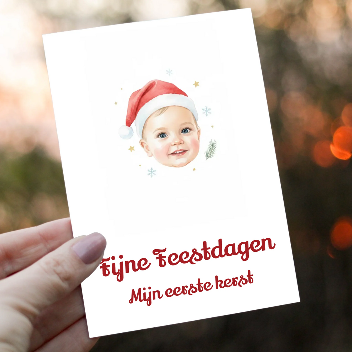 Kerstkaart Eerste Kerst - Babyfoto in Zachte Aquarel
