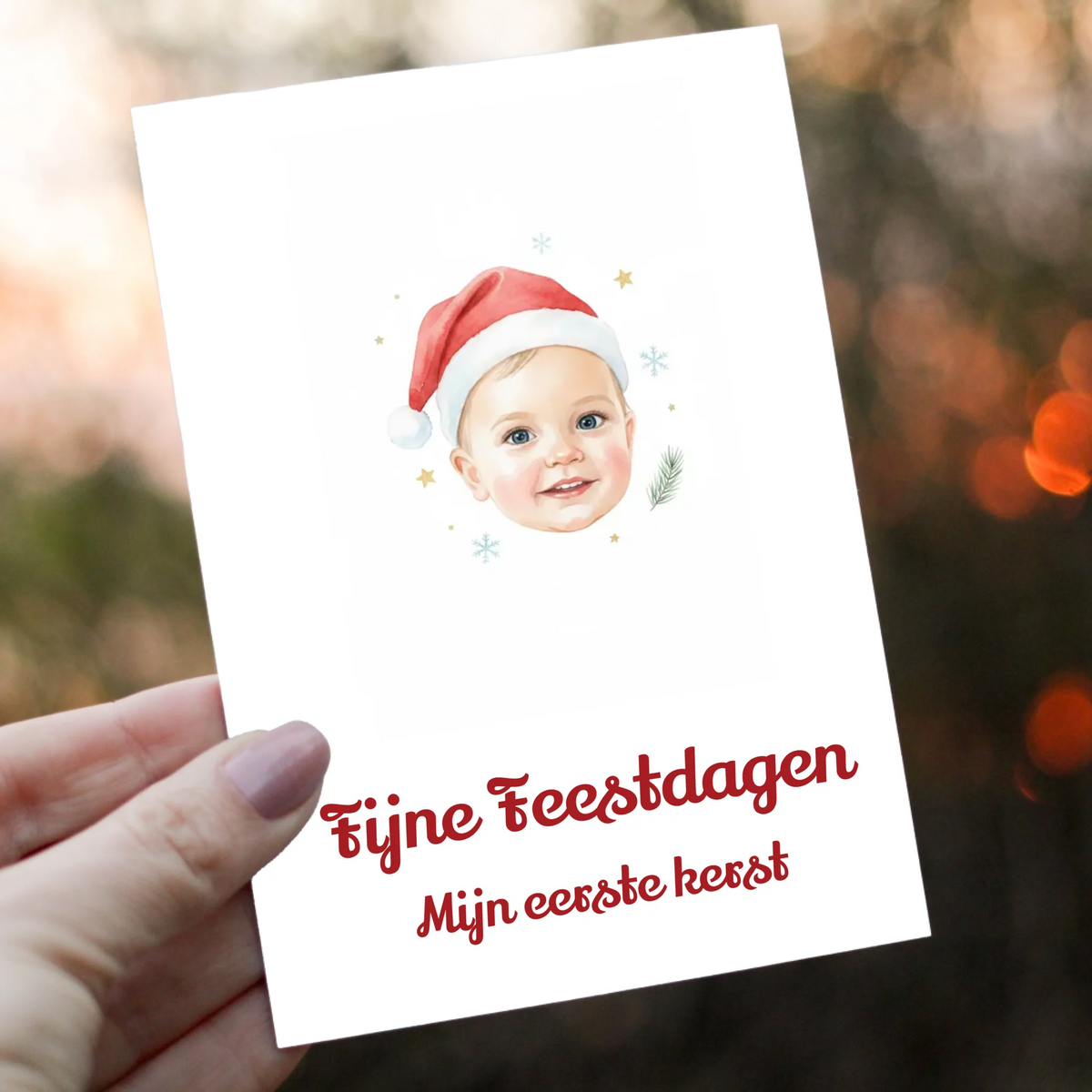 Kerstkaart Eerste Kerst - Babyfoto in Zachte Aquarel