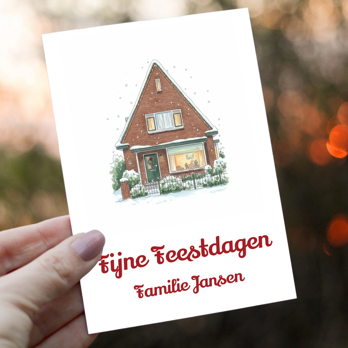 Kerstkaart Huis in de Sneeuw - Jouw Huis als Winteraquarel