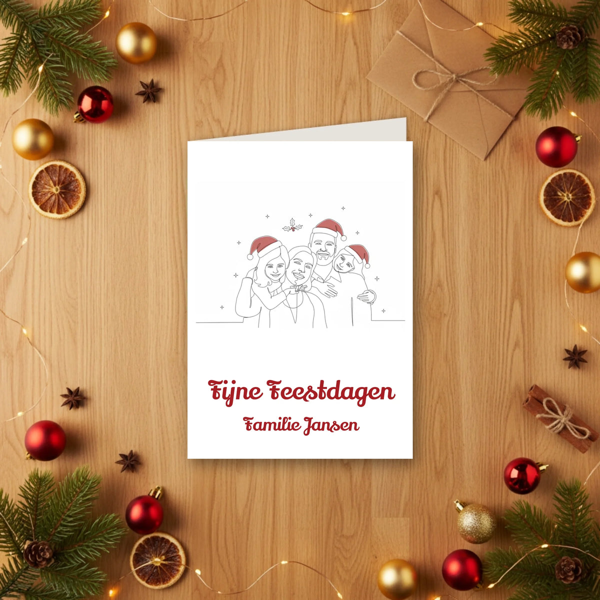 Kerstkaart Lijntekening - Jouw Foto als Line Art met Kerstmuts