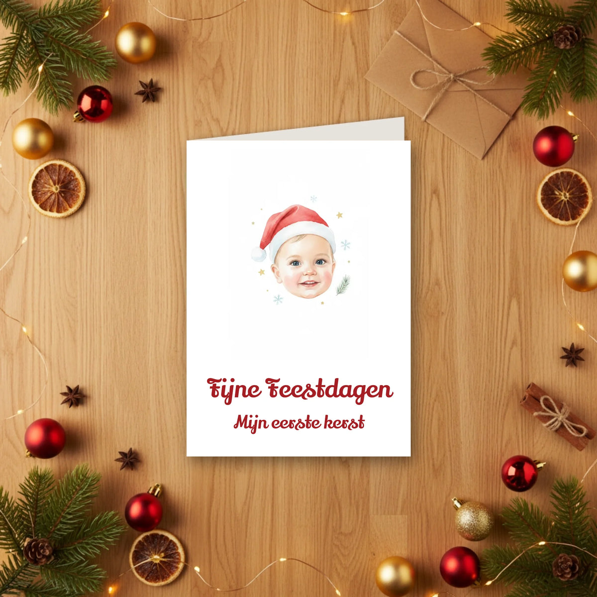 Kerstkaart Eerste Kerst - Babyfoto in Zachte Aquarel