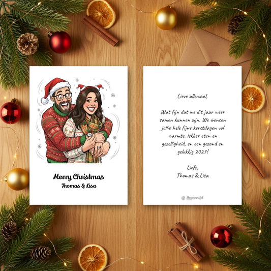 Persoonlijke A6 Kerst Kaart (Karikatuur) met Envelop - Jouw Unieke Feestgroet!