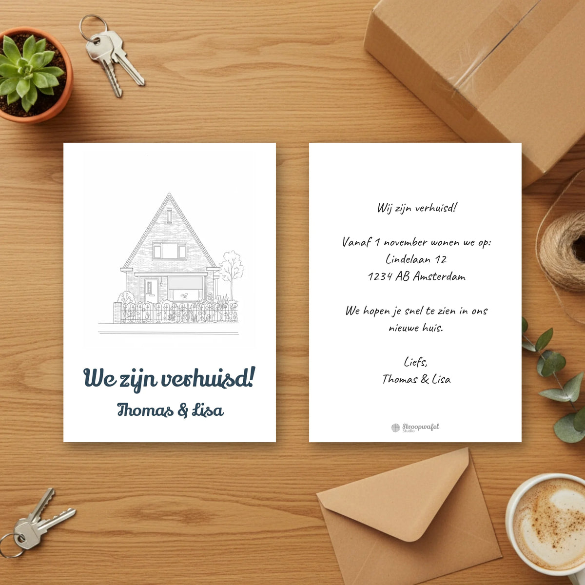 Verhuiskaart Lijntekening - Jouw Nieuwe Huis als Line Art
