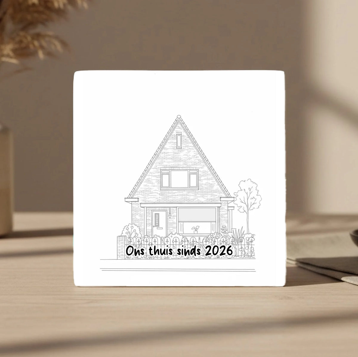 Huis Lijntekening Tegel - Jouw Nieuwe Huis als Line Art met Eigen Tekst