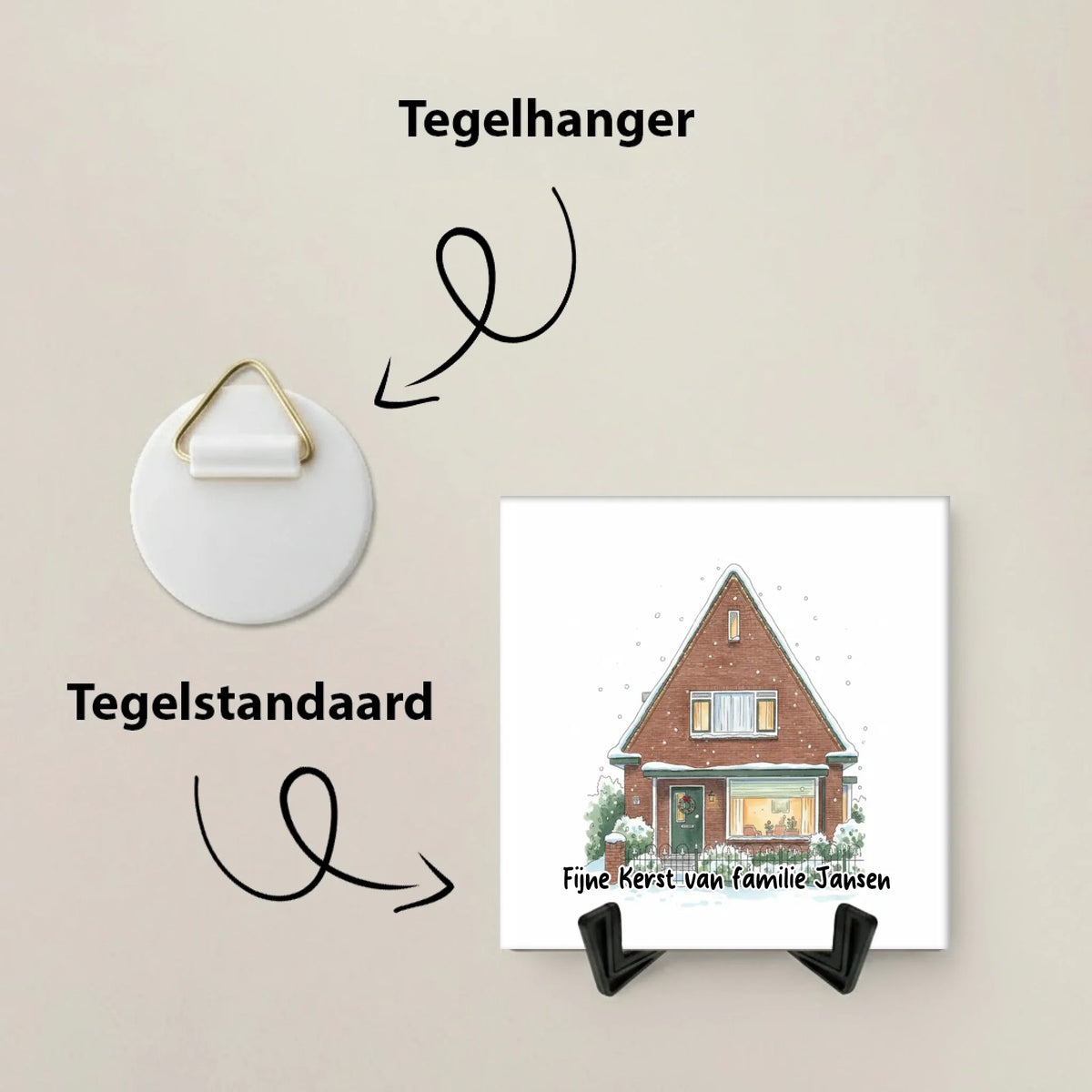 Kerst Tegel Huis in de Sneeuw - Jouw Huis als Winteraquarel met Eigen Tekst