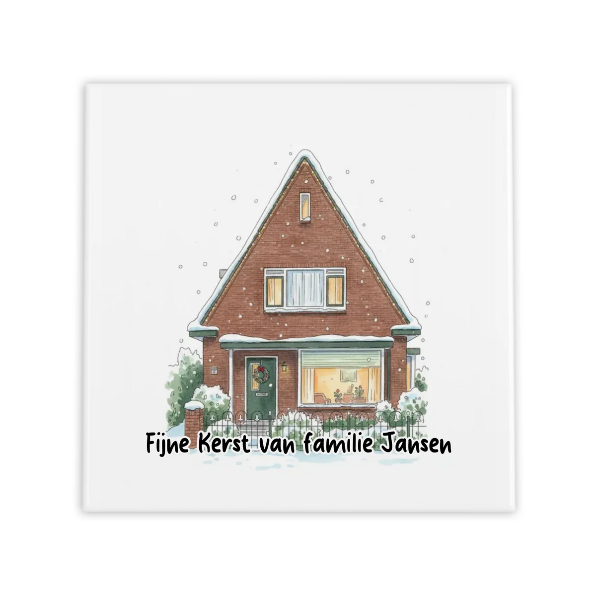 Kerst Tegel Huis in de Sneeuw - Jouw Huis als Winteraquarel met Eigen Tekst
