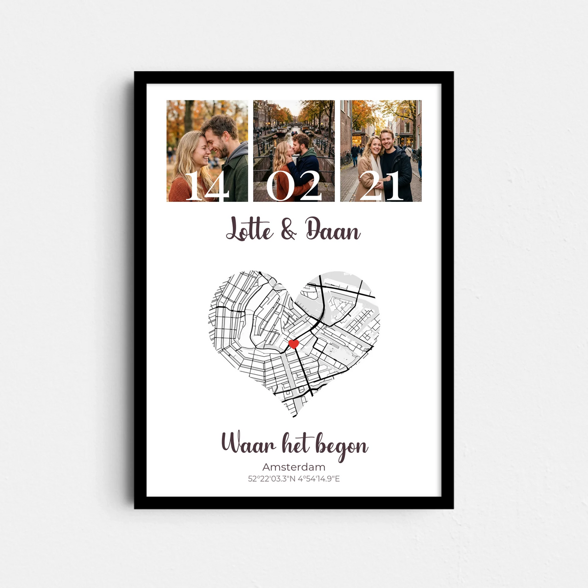 Waar het begon Poster - Foto's, Datum en Plattegrond in Hartvorm (A4/A3)