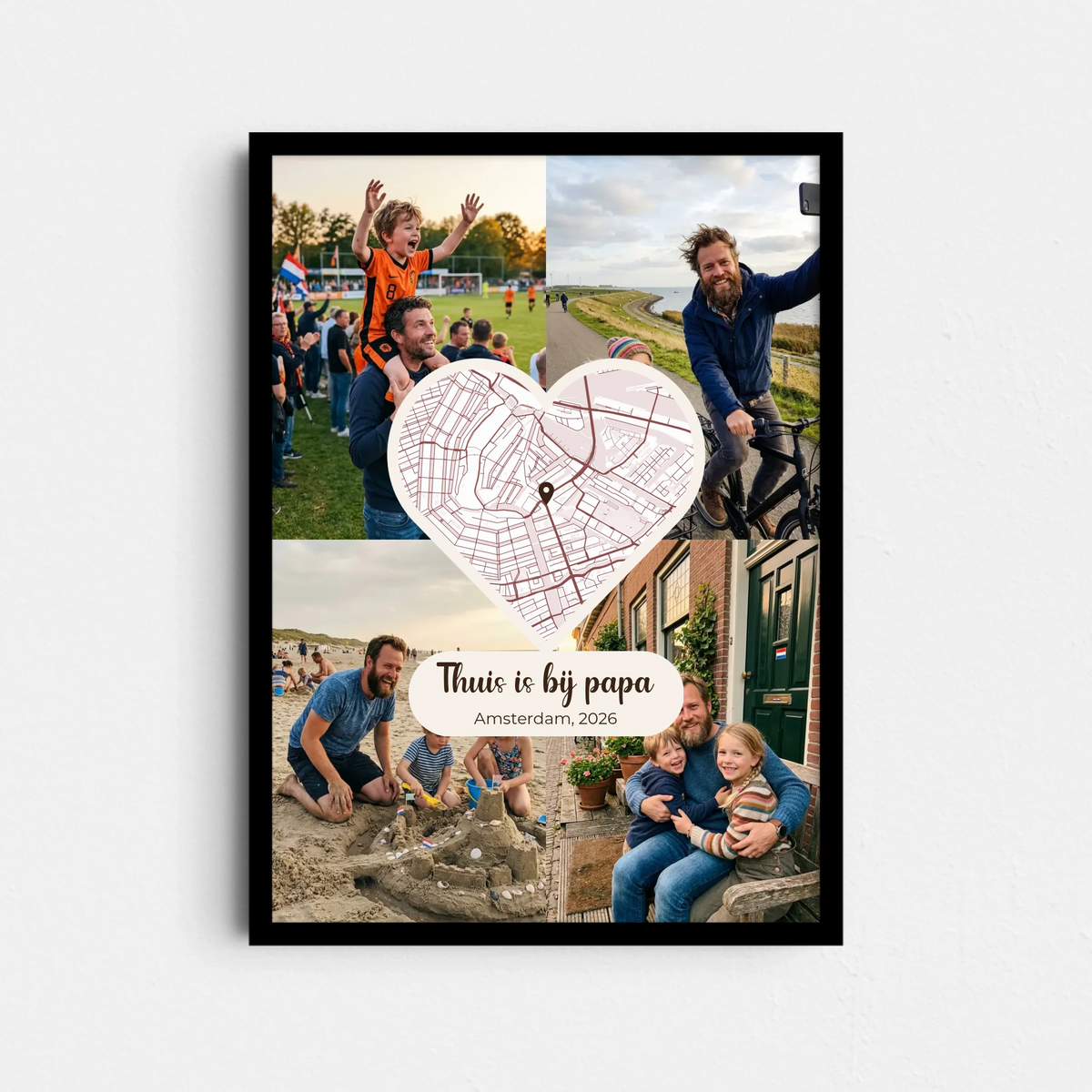 Vaderdag Poster Thuis is bij Papa - 4 Foto's en Plattegrond in een Hart (A4/A3)