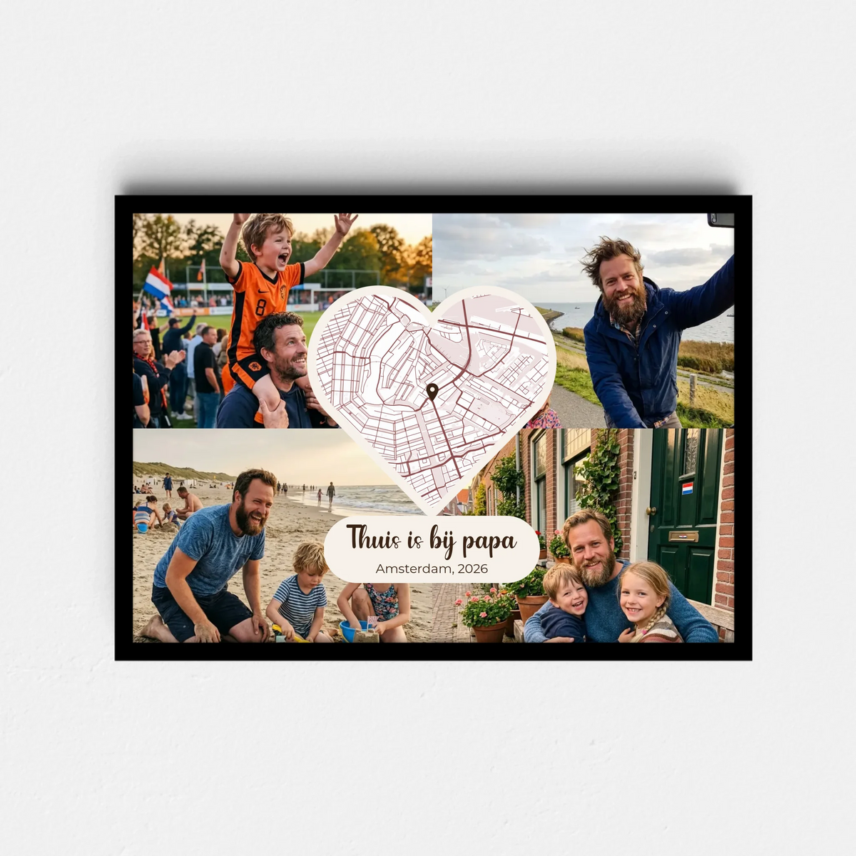 Vaderdag Poster Thuis is bij Papa - 4 Foto's en Plattegrond in een Hart (A4/A3)