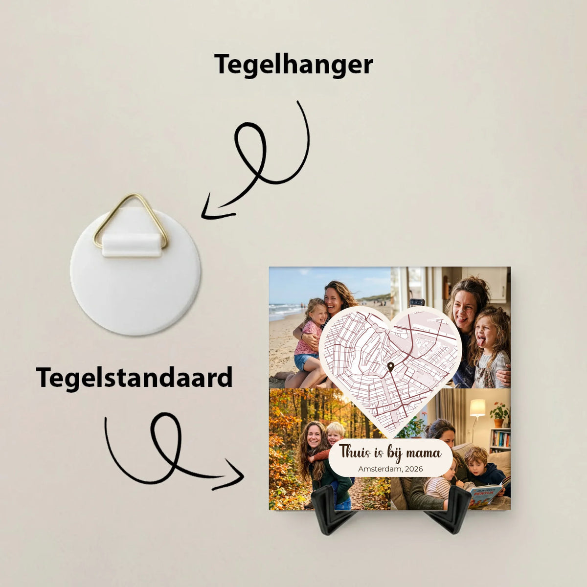 Moederdag Tegel Thuis is bij Mama - 4 Foto's en Plattegrond in een Hart
