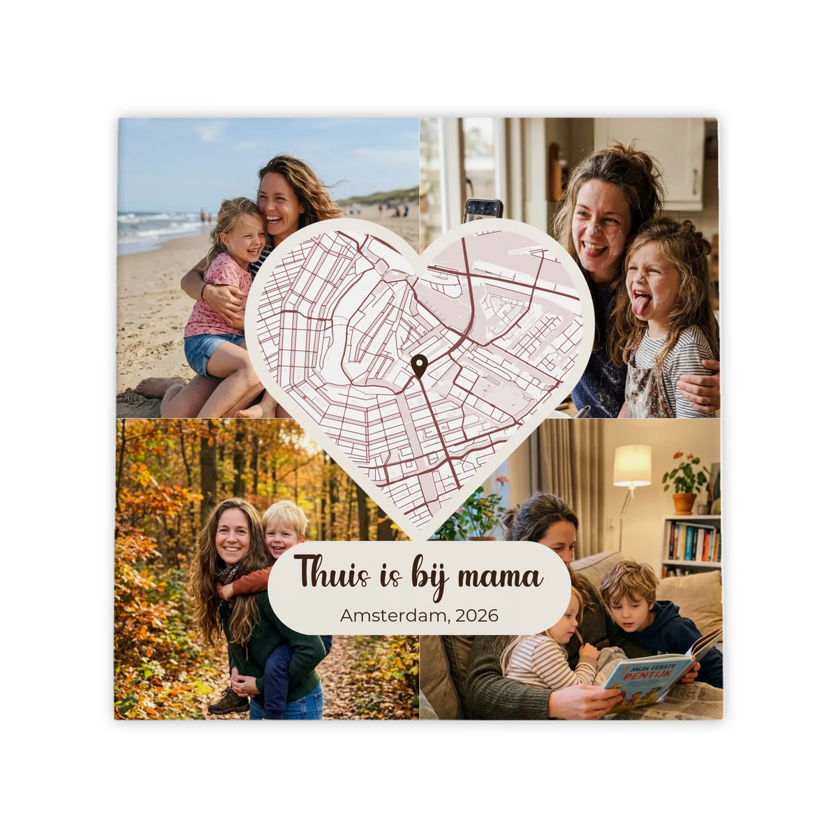 Moederdag Tegel Thuis is bij Mama - 4 Foto's en Plattegrond in een Hart