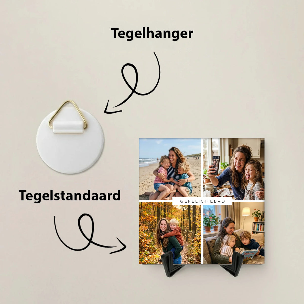Foto Tegel met 4 Foto's, Eigen Tekst en Achtergrondkleur