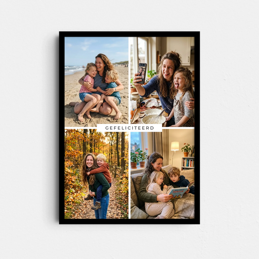 Fotoposter met 4 Foto's, Eigen Tekst en Achtergrondkleur (A4/A3)