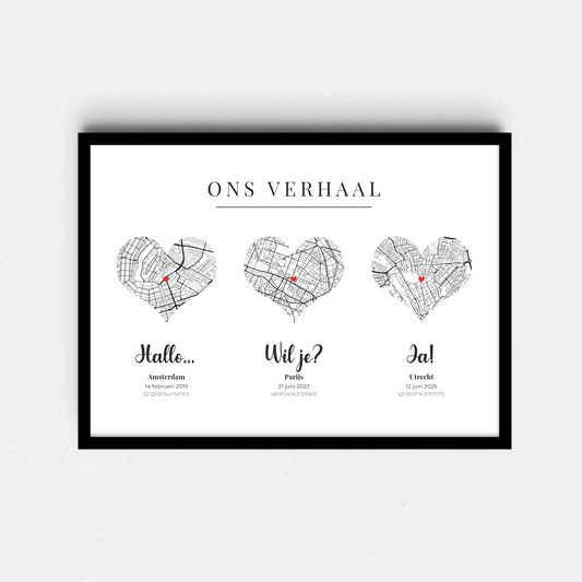 Ons Verhaal Poster - 3 Plattegronden in Hartvorm met Datum en Plaats (A4/A3)
