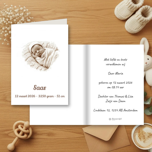 Geboortekaartje Sepia - Jouw Babyfoto als Vintage Tekening