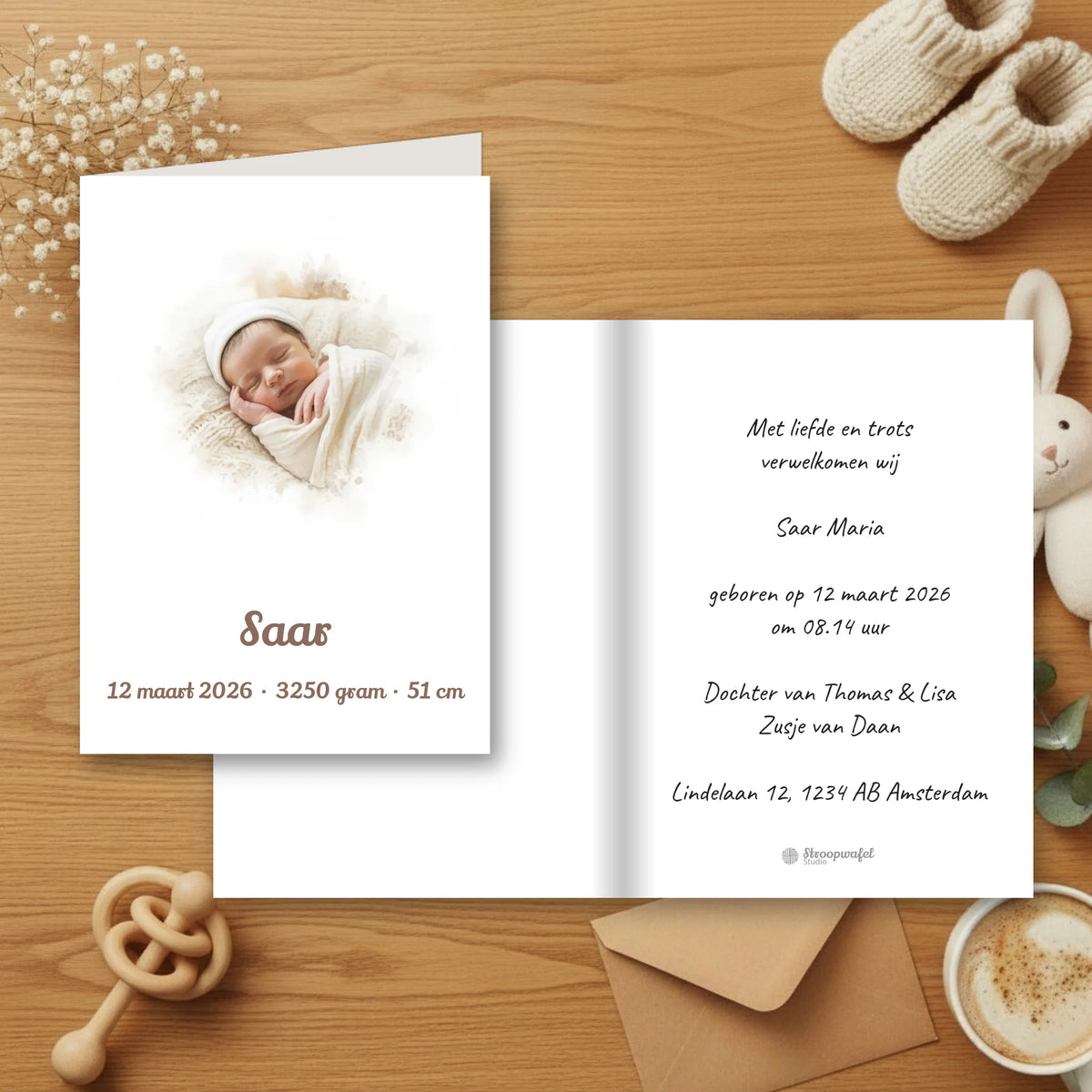 Geboortekaartje Waterverf - Jouw Babyfoto als Zachte Aquarel