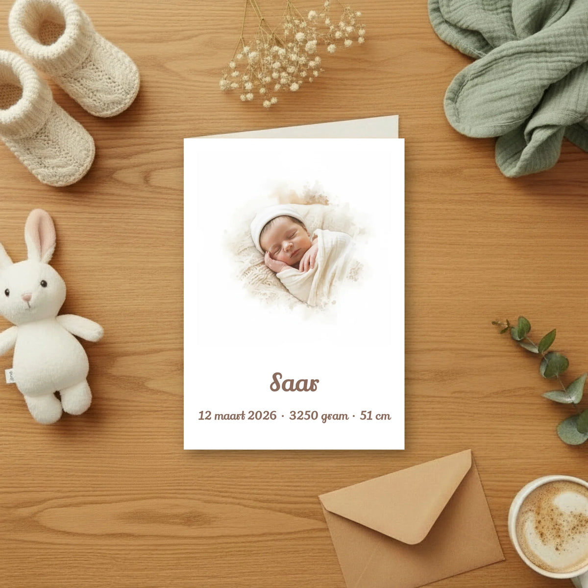 Geboortekaartje Waterverf - Jouw Babyfoto als Zachte Aquarel