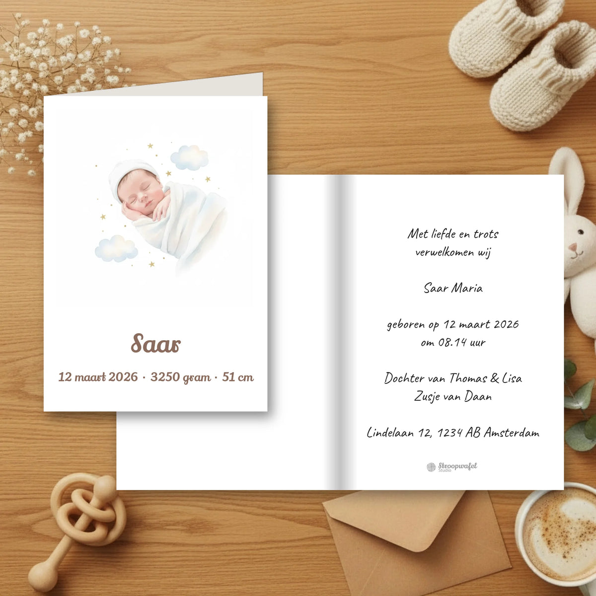 Geboortekaartje Pastel - Jouw Babyfoto met Sterretjes en Wolkjes