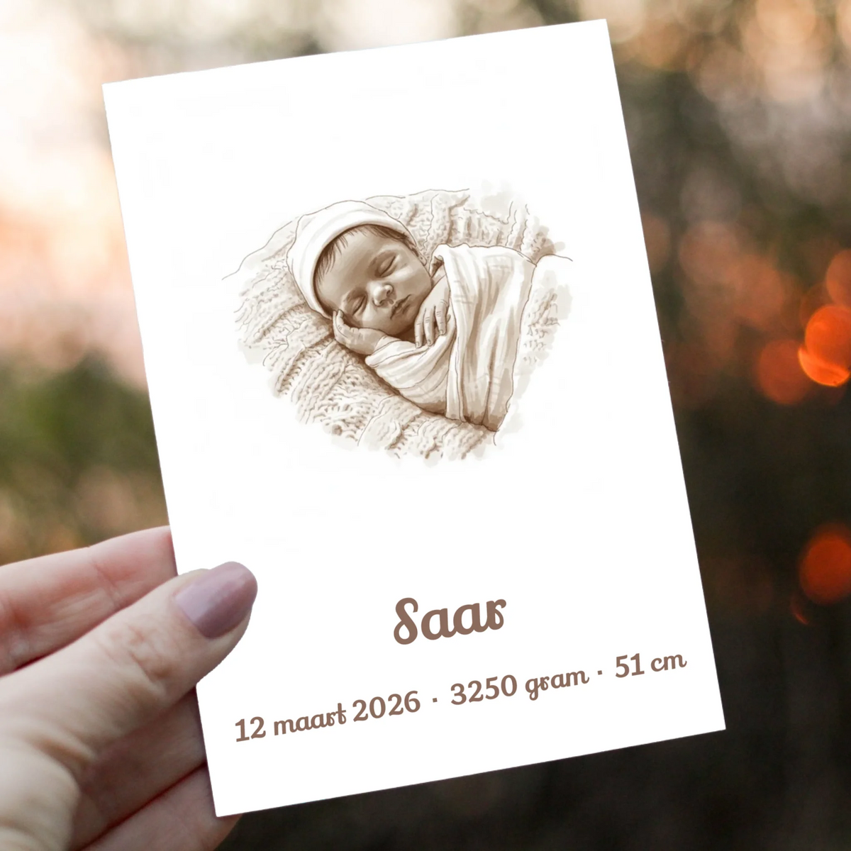 Geboortekaartje Sepia - Jouw Babyfoto als Vintage Tekening