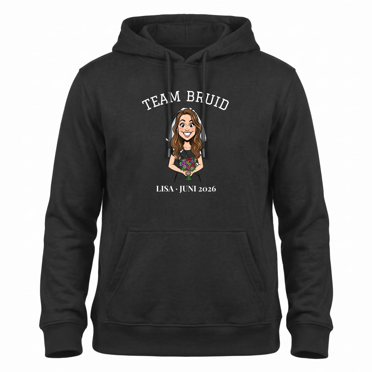 Vrijgezellen Hoodie - Karikatuur van de Bruid of Bruidegom met Eigen Tekst