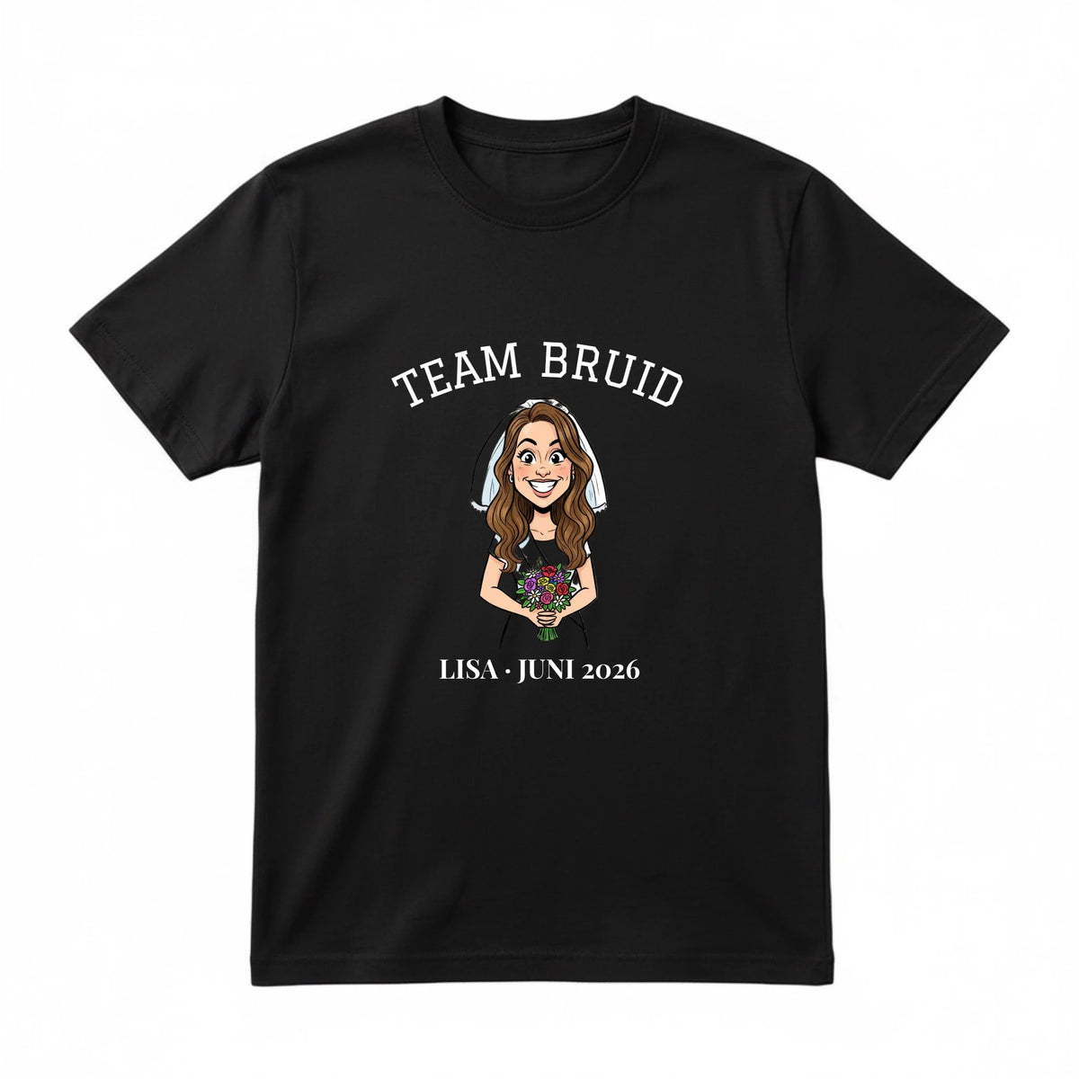 Vrijgezellen T-shirt Team Bruid - Karikatuur van de Bruid met Eigen Tekst