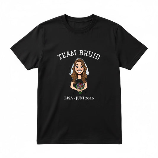 Vrijgezellen T-shirt Team Bruid - Karikatuur van de Bruid met Eigen Tekst
