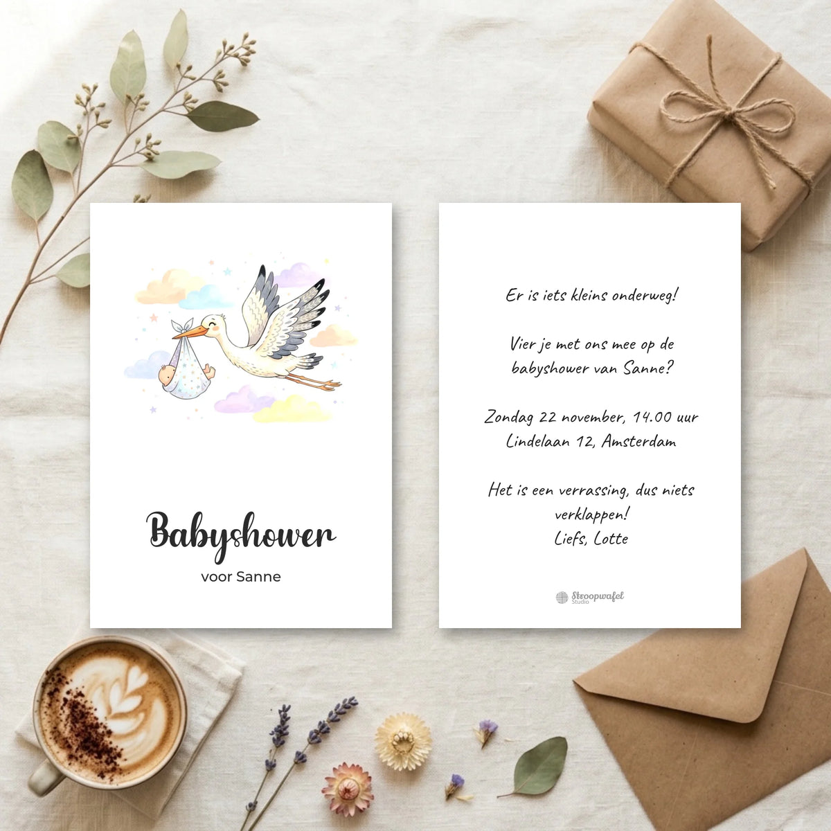 Uitnodiging Babyshower met Eigen Tekst - Er komt een baby!