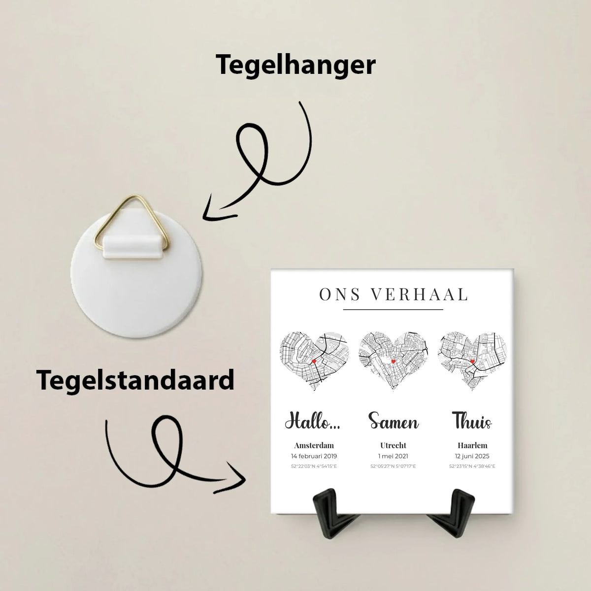 Ons Verhaal Tegel Samen - 3 Plattegronden in Hartvorm met Datum en Plaats