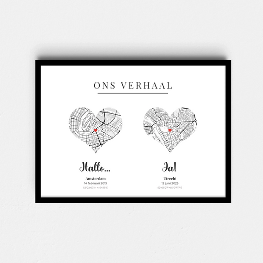 Ons Verhaal Poster - 2 Plattegronden in Hartvorm met Datum en Plaats (A4/A3)