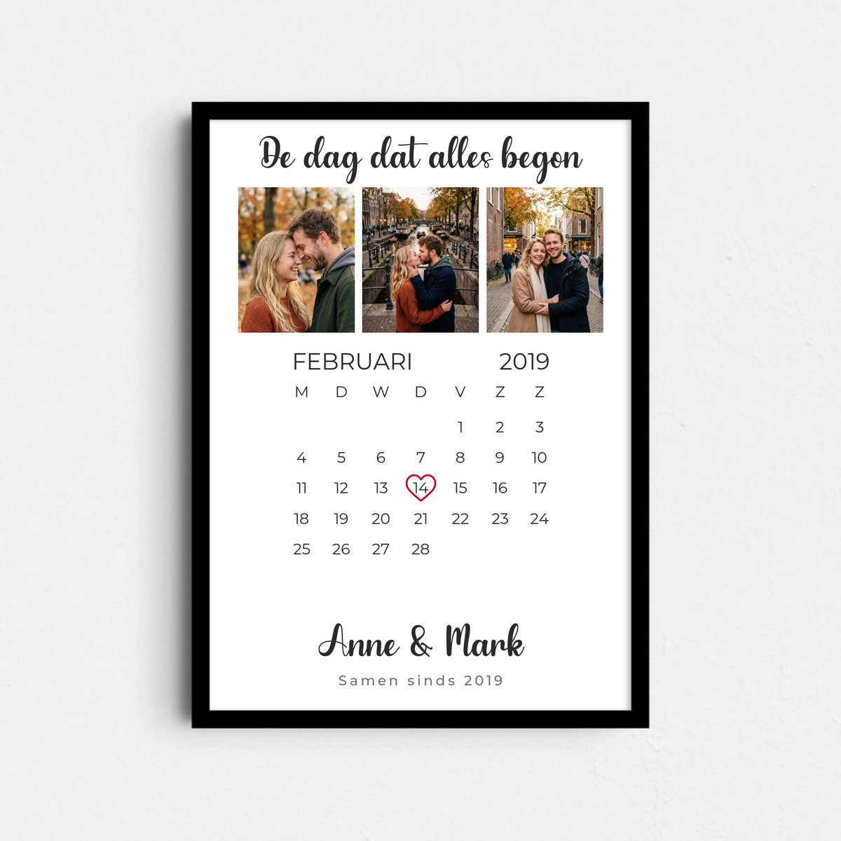 De Dag Dat Poster - 3 Foto's en Kalender met Hartje op Jullie Datum (A4/A3)