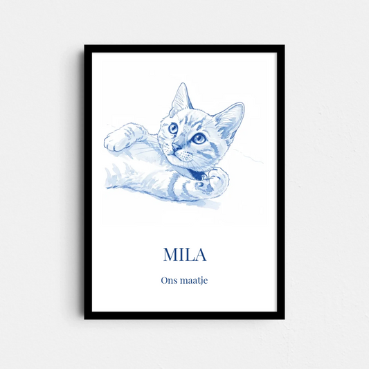 Delfts Blauw Kat Poster – Jouw Kat als Blauwe Tekening (A4/A3)