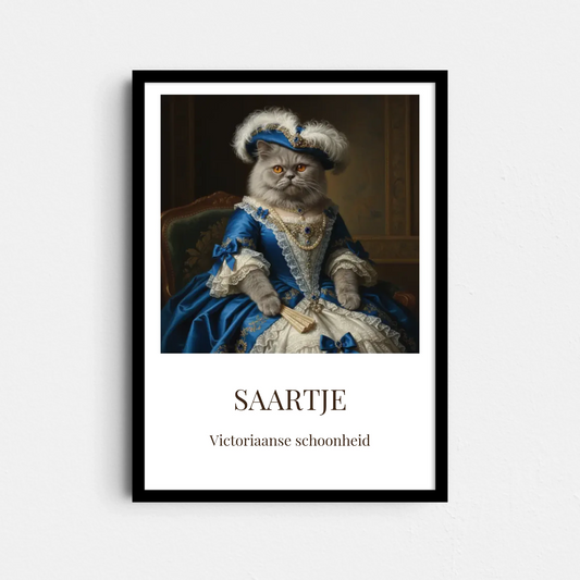 Victoriaans Huisdier Portret Poster – Jouw Dier in Luxe Blauwe Jurk (A4/A3)