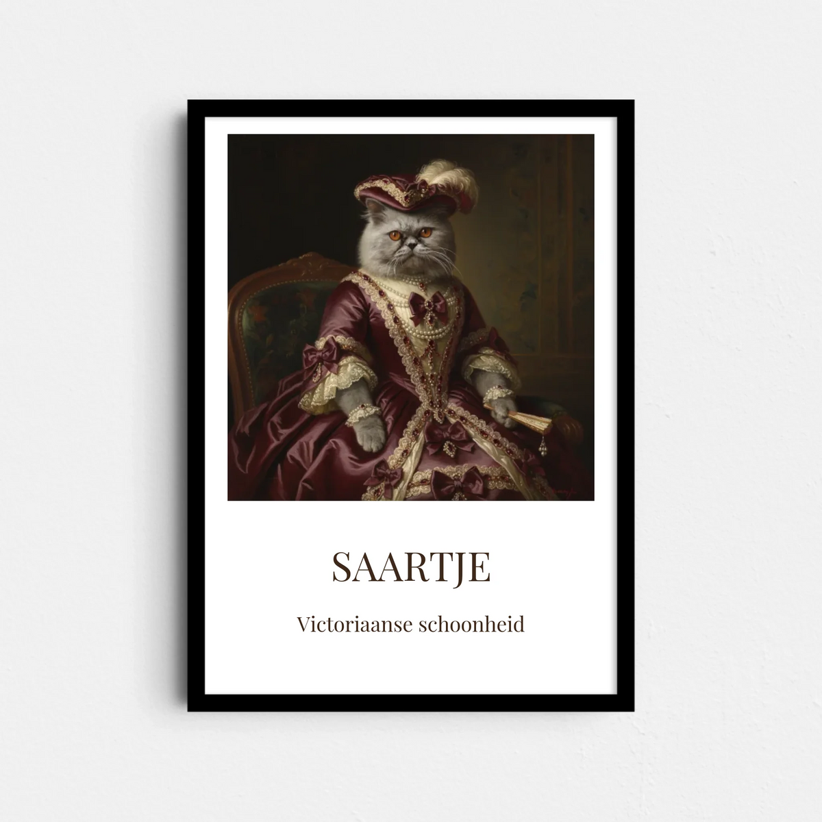 Victoriaans Huisdier Portret Poster – Jouw Dier in Luxe Bordeauxrode Jurk (A4/A3)