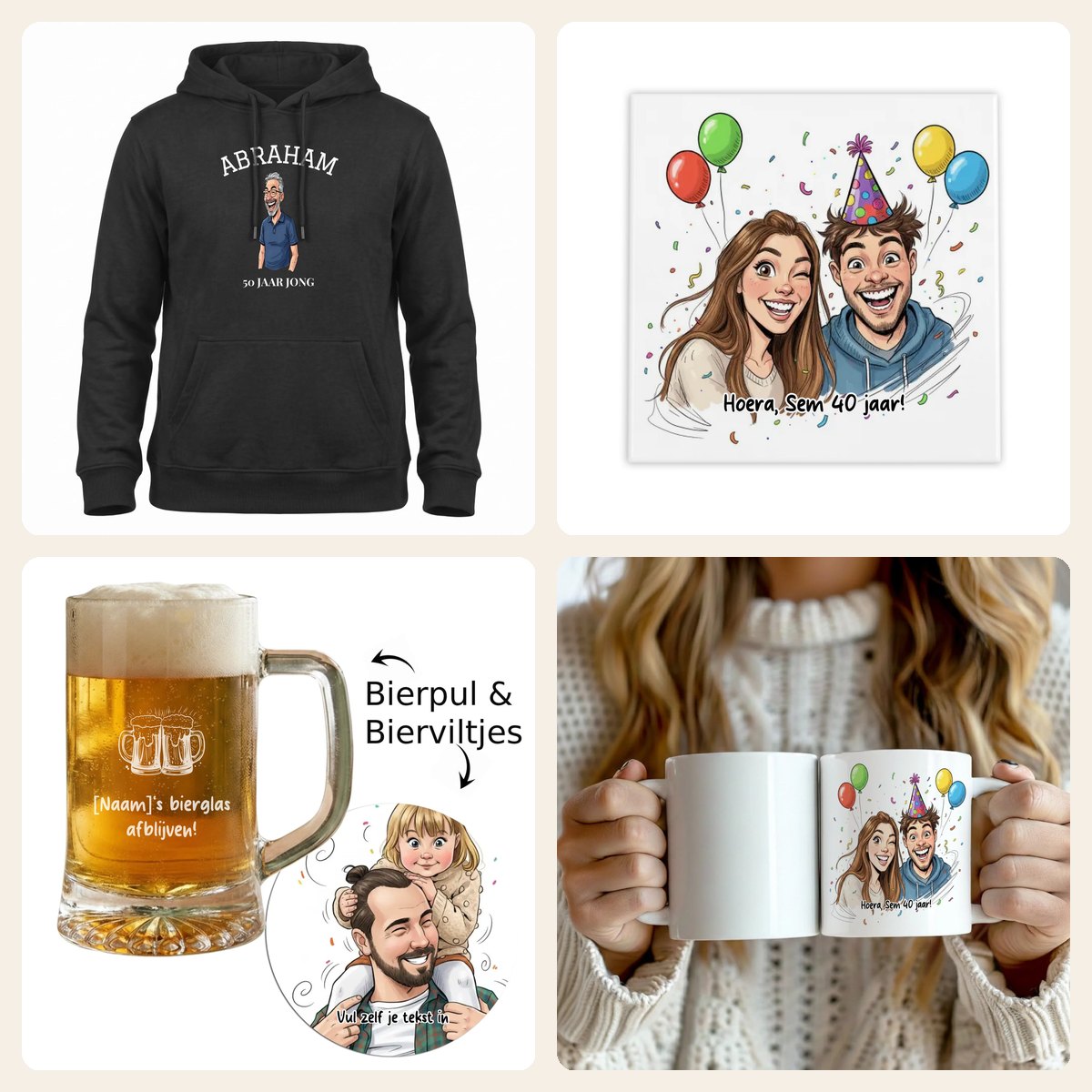 Abraham cadeaus: hoodie met karikatuur, verjaardagstegel, bierpul met viltjes en mok