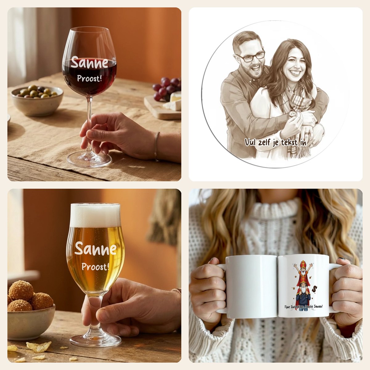 Lootjescadeaus tot 20 euro: gegraveerd wijnglas en bierglas, sepia onderzetters en een Sinterklaasmok