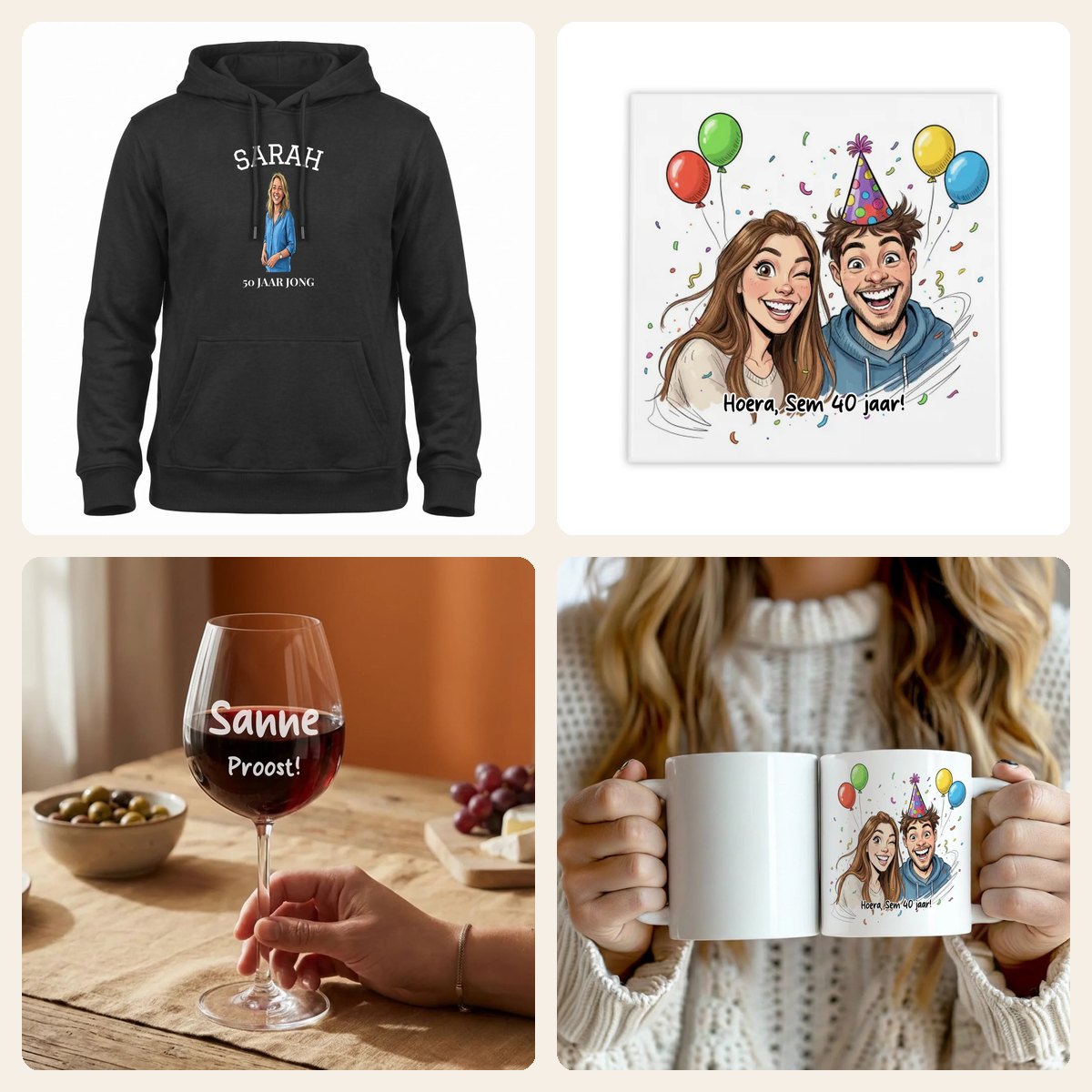 Sarah cadeaus: hoodie met karikatuur, verjaardagstegel, gegraveerd wijnglas en mok