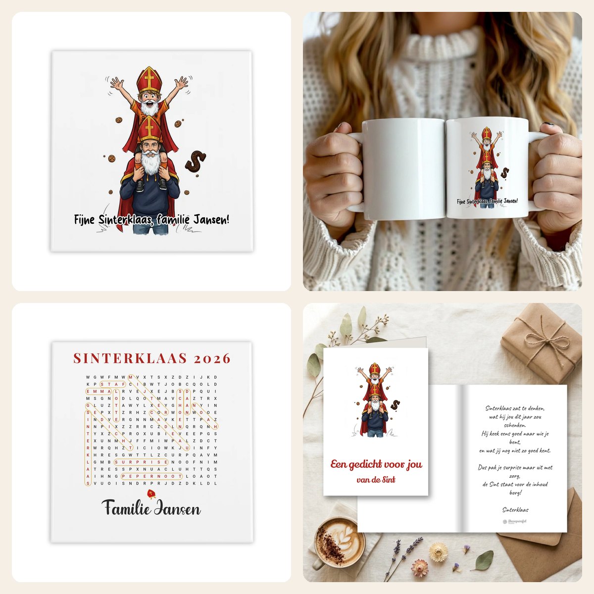 Sinterklaascadeaus met eigen foto: karikatuur als Sinterklaas op tegel en mok, woordzoeker en gedichtkaart